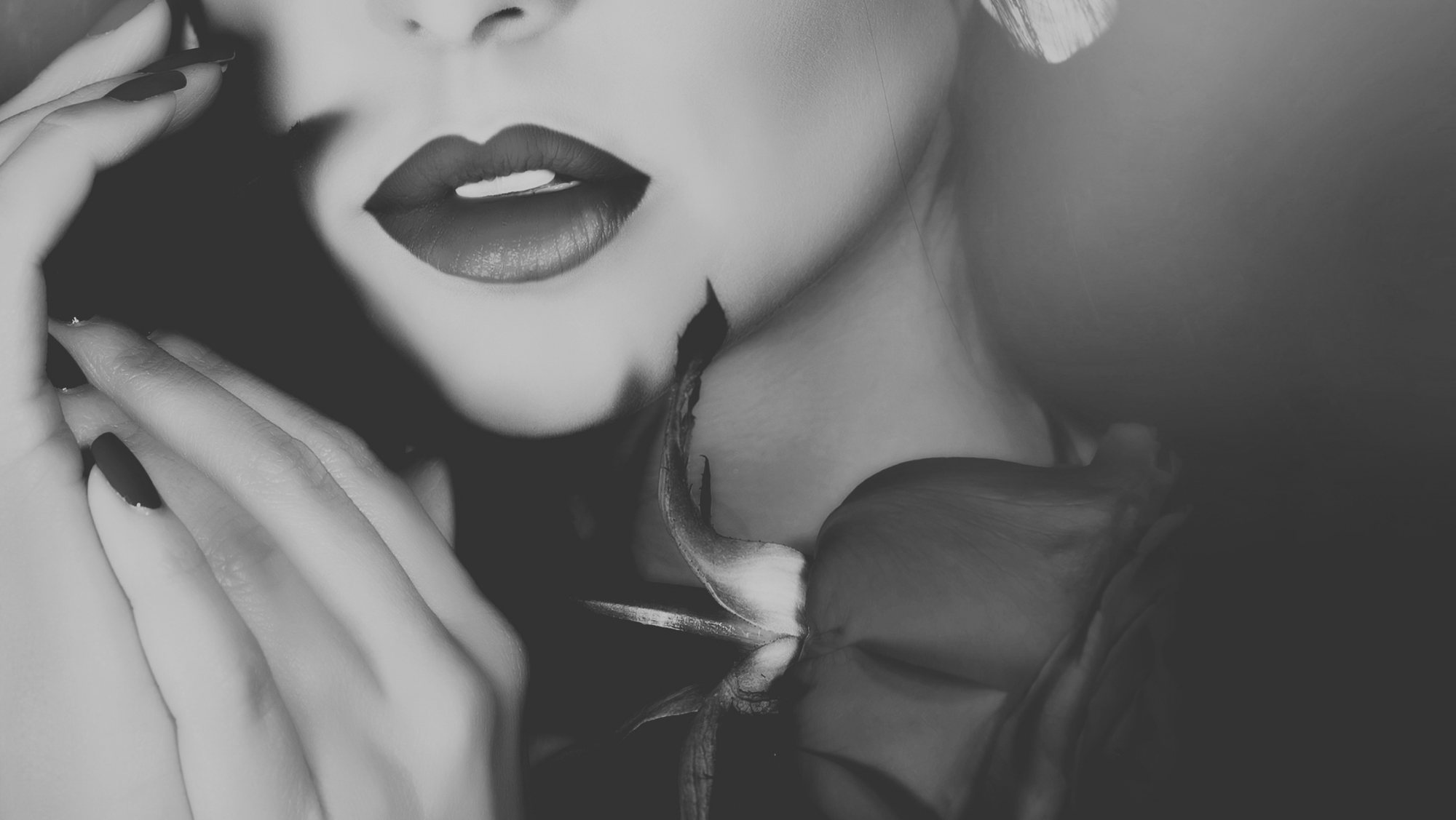 Black and white close-up of lips and a hand holding a rose