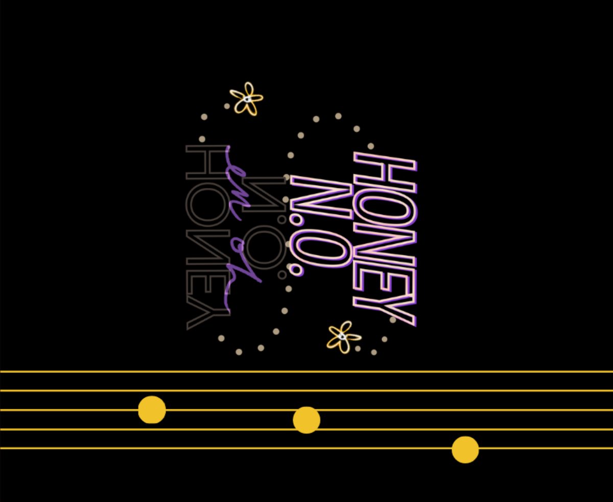 Label art for Honey N.O.: lettering above gold notes on a music staff