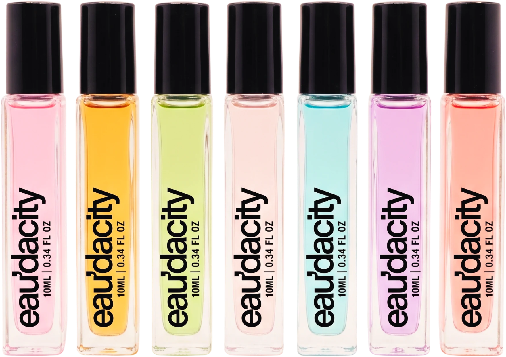 Seven perfume rollers in pink, orange, green, peach, aqua, lilac and coral